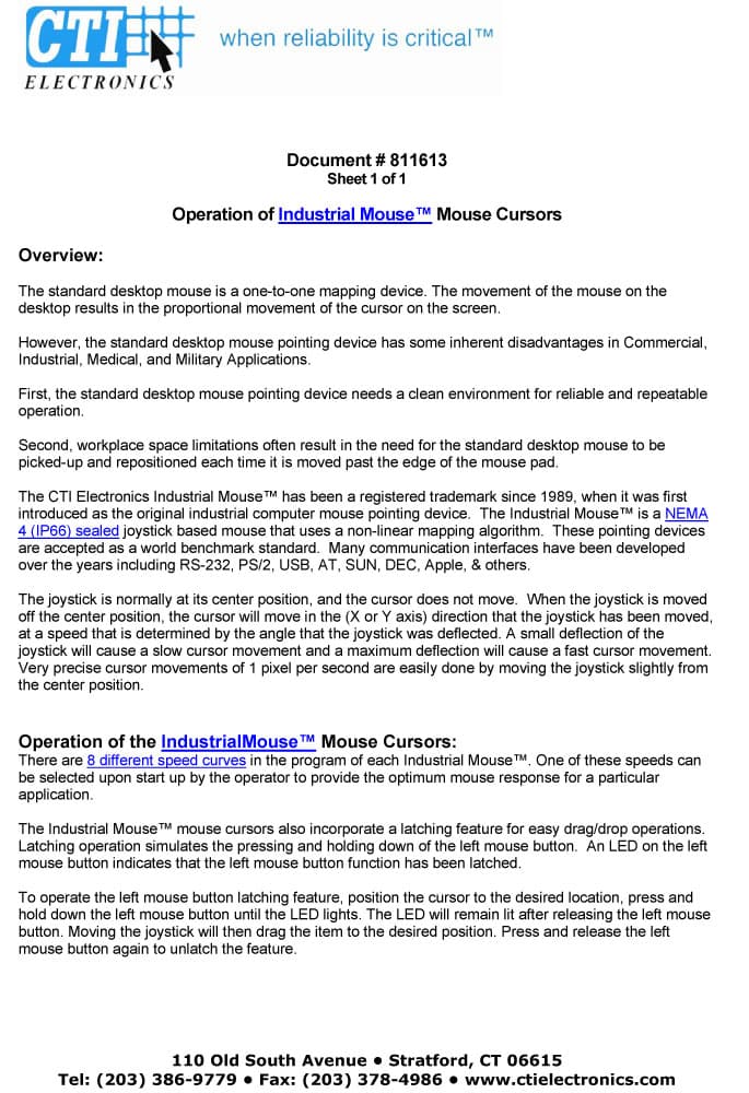 CTI Plug-n-Play Industrial Mouse Pointer - M90X9-NX Series