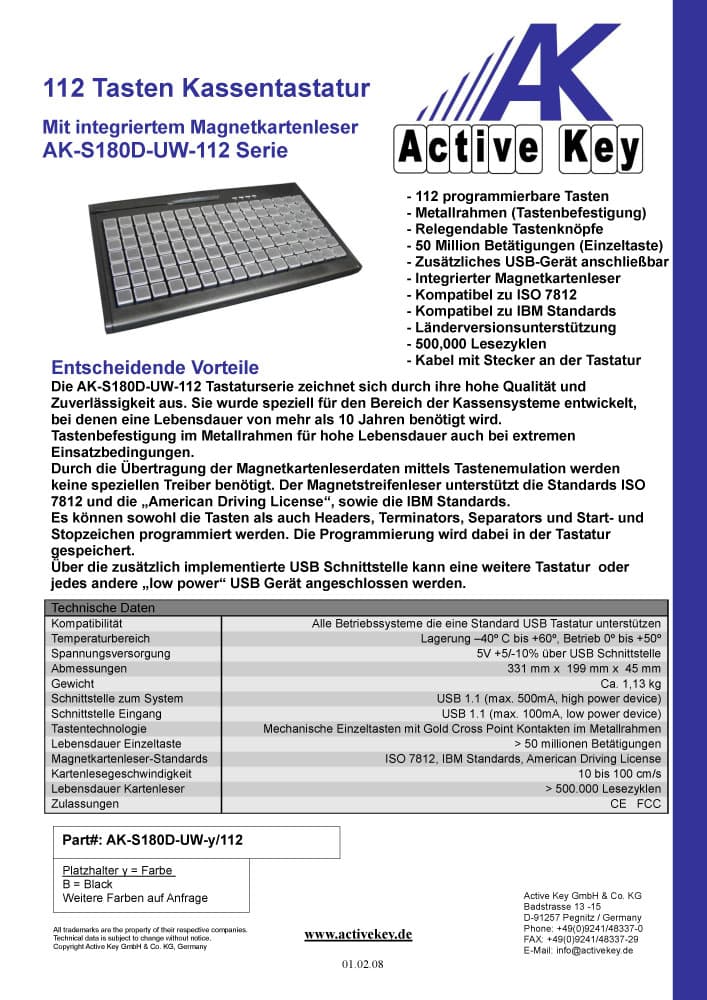 Active Key AK-S180 112 Key POS Keyboard with Magnetic Stripe Reader