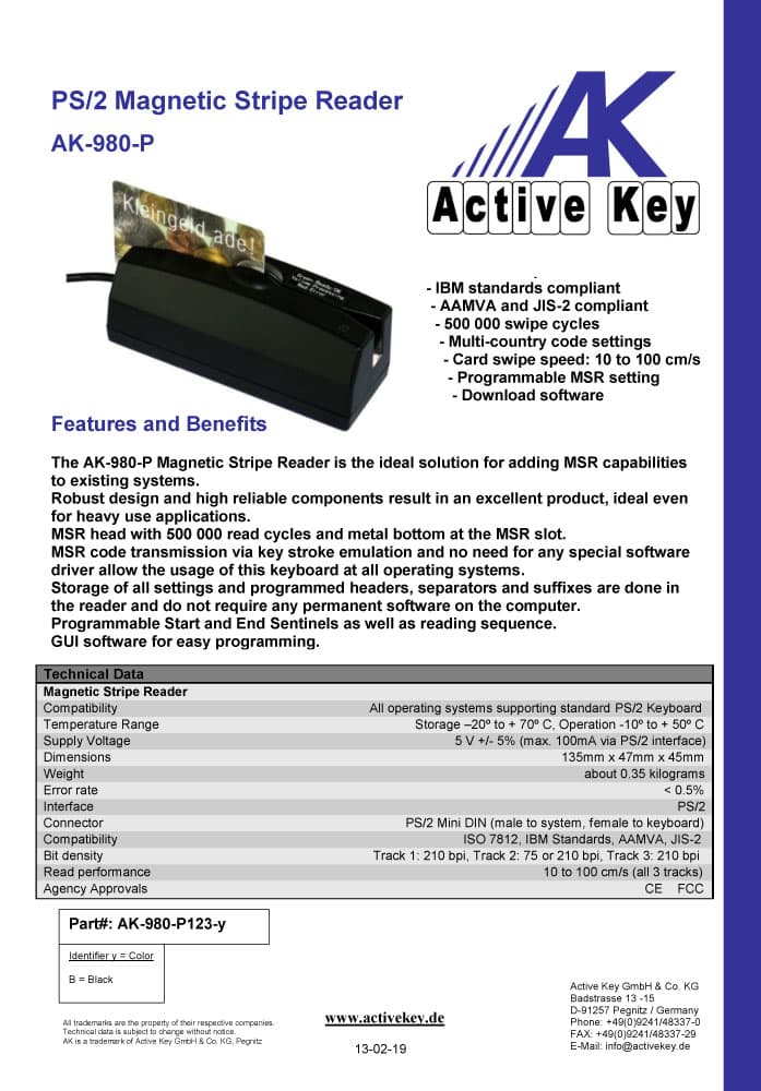 Active Key AK-980 USB Magnetic Stripe Reader