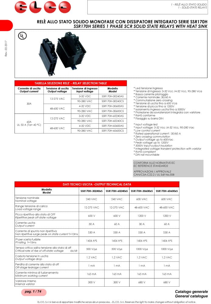 Elco 1 Phase SCR Solid State Relay with Heat Sink - SSR170H Series