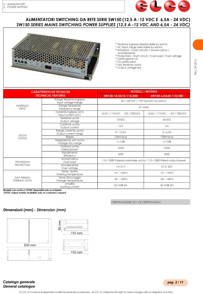 Elco Mains Switching Power Supplies - SW150 Series