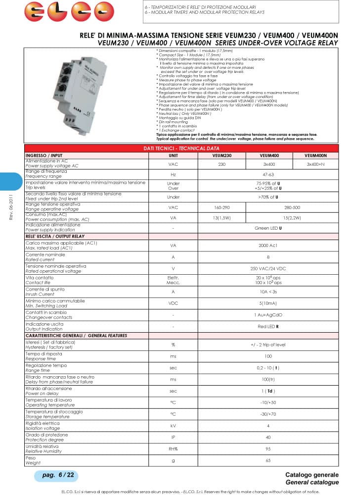 Elco Under-Over Voltage Relay - VEUM400, VEUM400N Series
