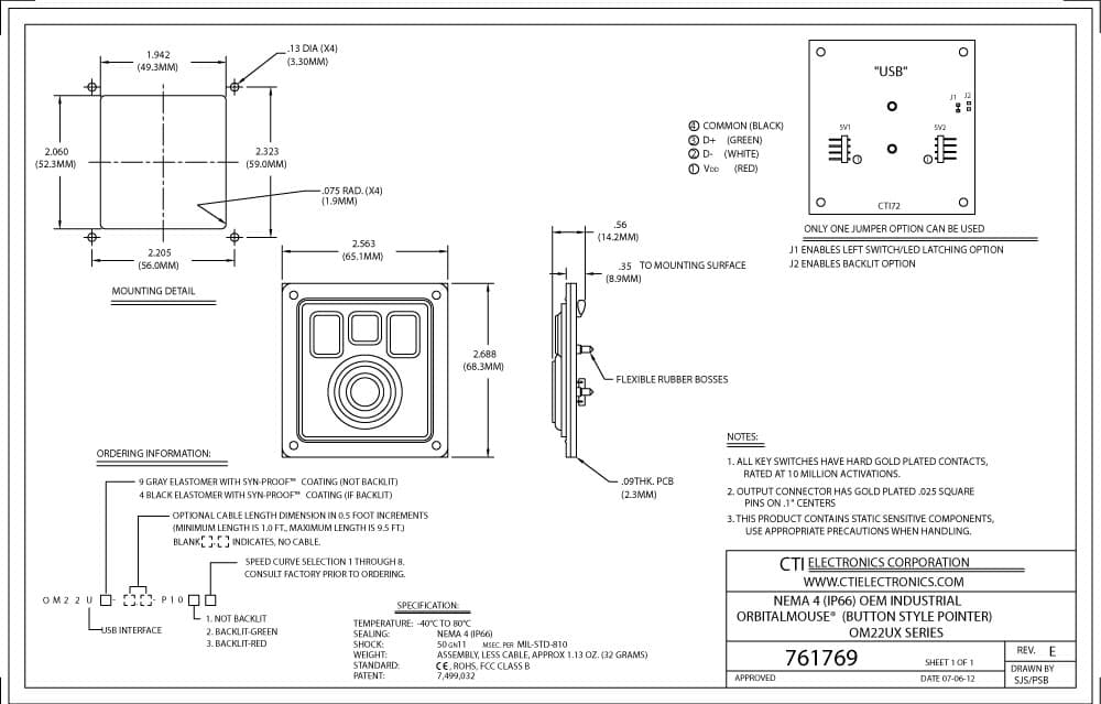 CTI OEM Backlit Industrial Mouse Pointer - OM2200 Series