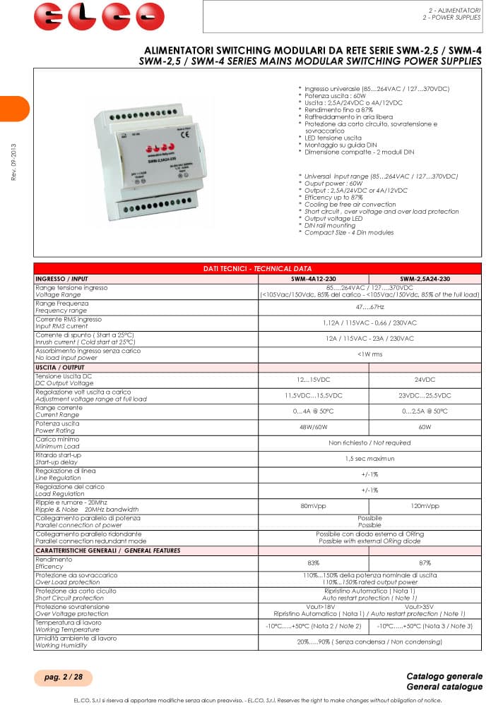 Elco Mains Modular Switching Power Supplies - SWM-2 SWM-4 Series