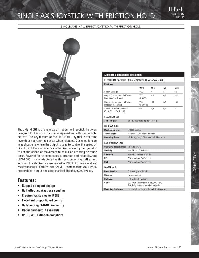 OTTO JHS-F Friction Hold, Single Axis Hall Effect Joystick Range