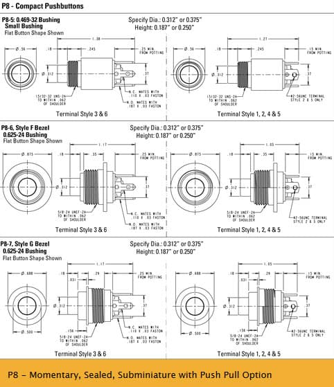 OTTO P8 Subminiture Pushbutton Switch Range (with Push Pull Option)