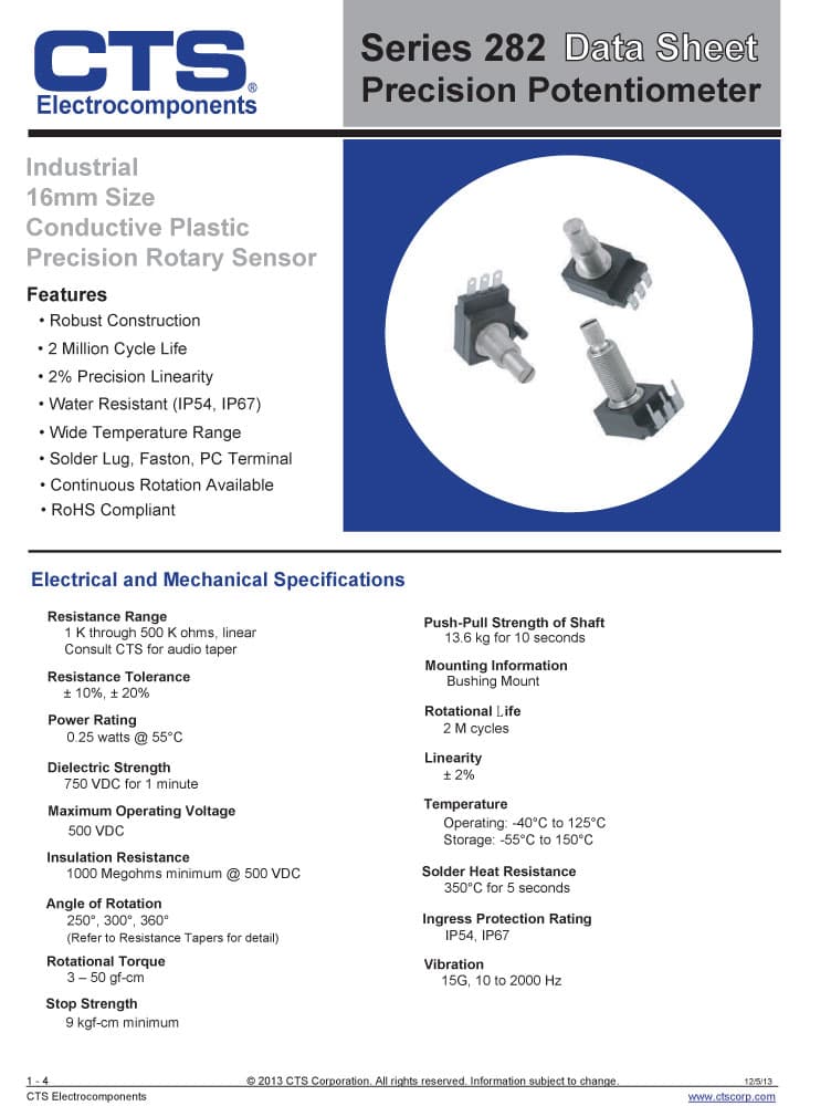 CTS Precision Rotary Potentiometers 282 Series