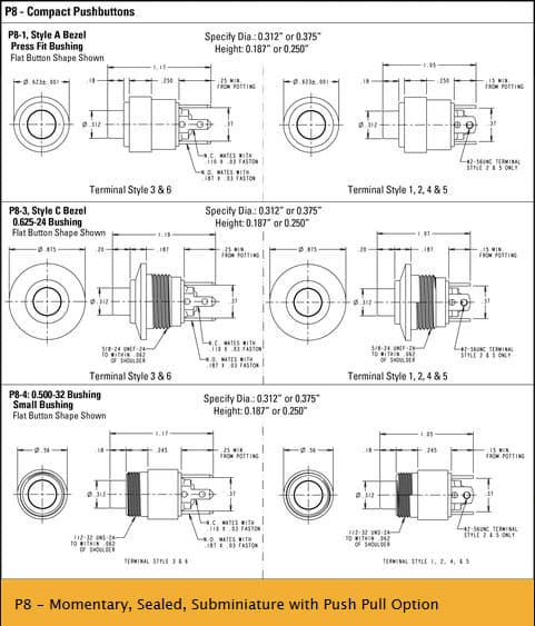 OTTO P8 Subminiture Pushbutton Switch Range (with Push Pull Option)