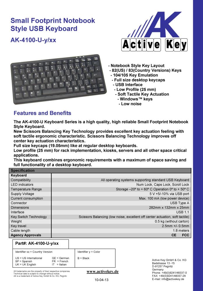 Active Key AK-4100 Small Footprint Notebook Style Keyboard