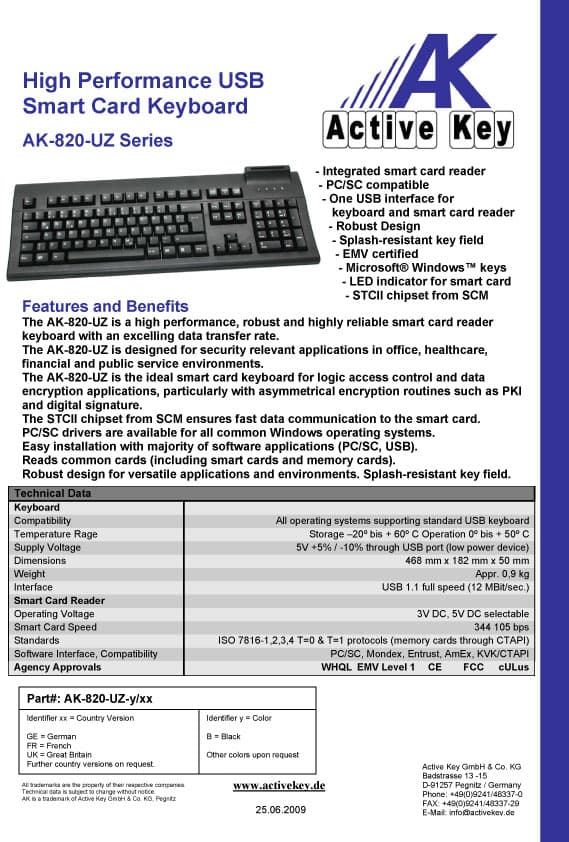 Active Key AK-820-UZ High Performance USB Smart Card Keyboard