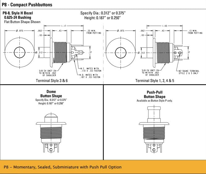 OTTO P8 Subminiture Pushbutton Switch Range (with Push Pull Option)