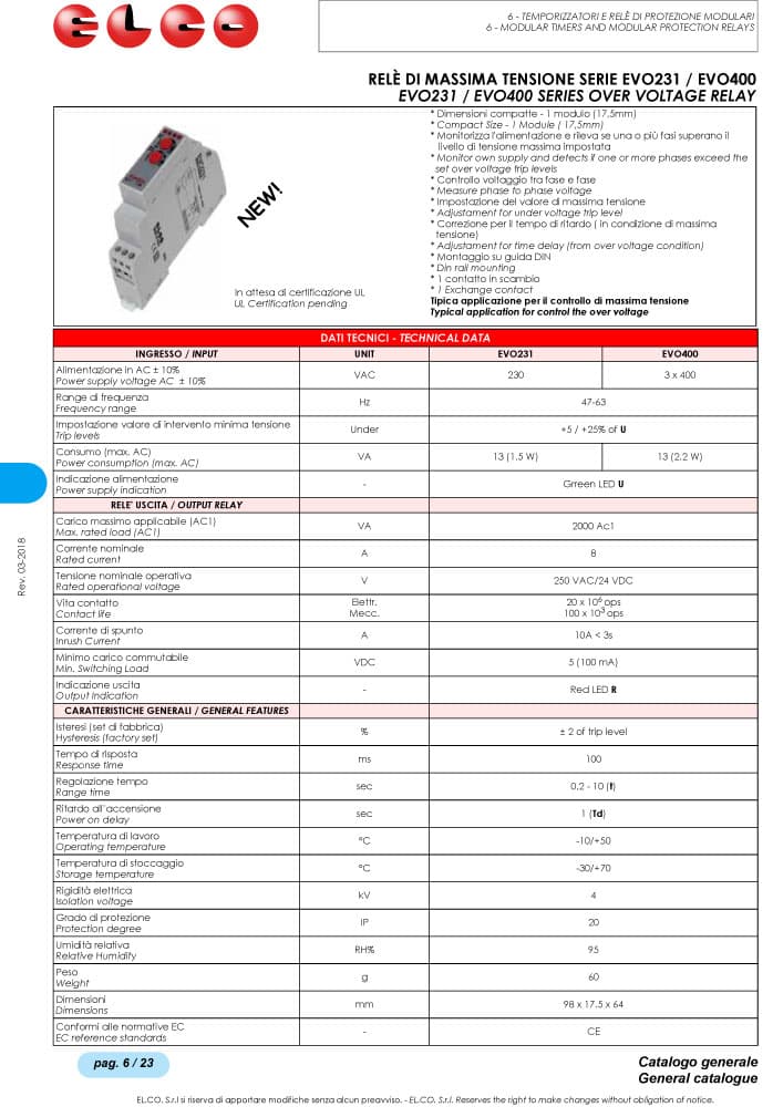Elco Over Voltage Relay - EVO231, EVO400 Series
