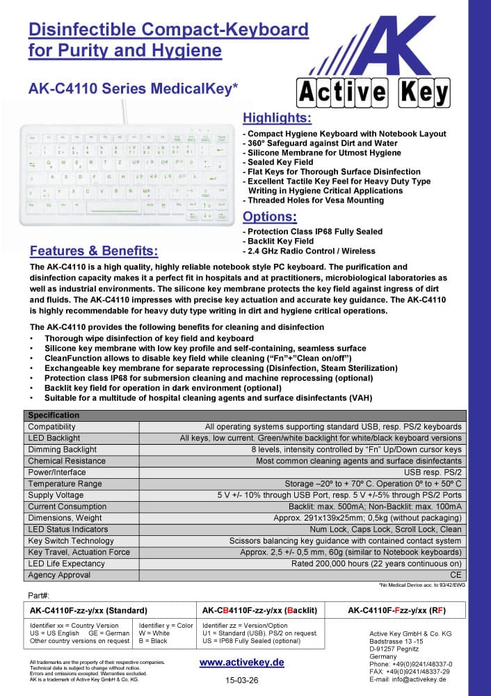 Active Key AK-C4110 Compact Disinfectable Hygiene Keyboard