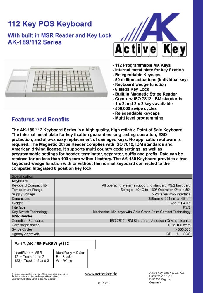 Active Key AK-189 112 Key POS Keyboard with MSR Reader & Key Lock