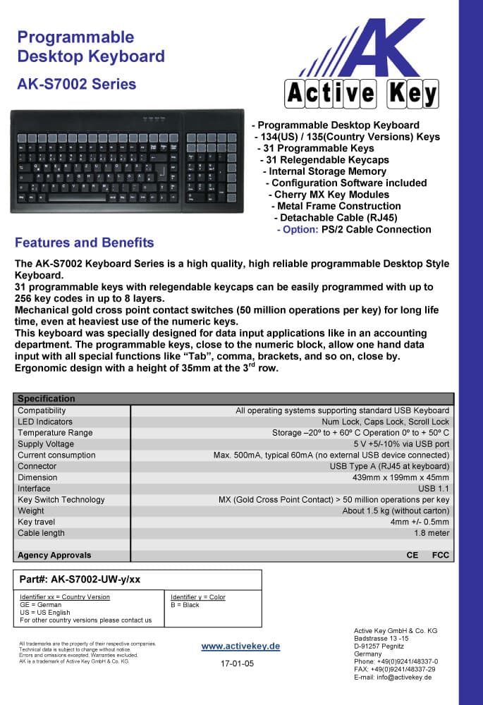 Active Key AK-S7002-UW Programmable Desktop Keyboard