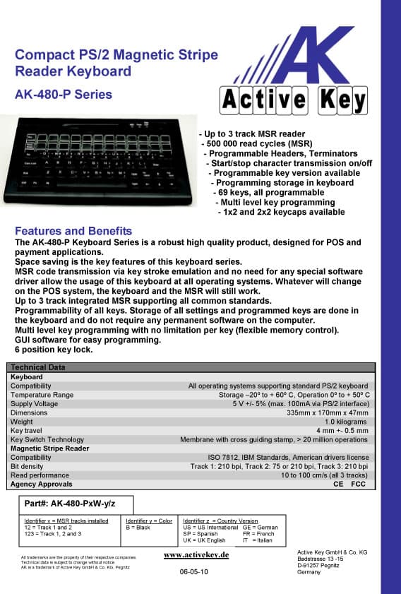 Active Key AK-480 Compact PS-2 Magnetic Stripe Reader Keyboard