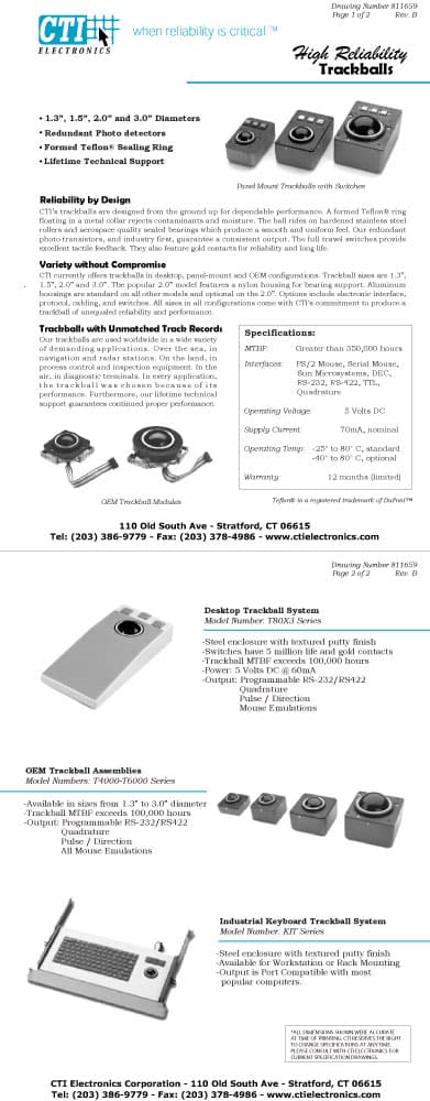 CTI Panel Mount Industrial Trackballs - T70X3 Series