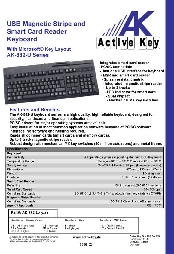 Active Key AK-882-U USB Magnetic Stripe and Smart Card Reader Keyboard